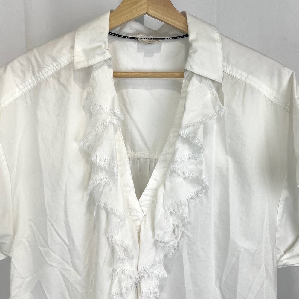 PILCRO Anthropologie S Short Sleeve Reworked Ruffled Blouse V Neck Popover White - Picture 5 of 11